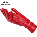 Guantes clásicos de cuero plisado, guantes de cuero real de color para mujer, guantes de invierno de cuero genuino de piel de oveja para mujer-2081