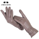 Guantes clásicos de cuero plisado, guantes de cuero real de color para mujer, guantes de invierno de cuero genuino de piel de oveja para mujer-2081