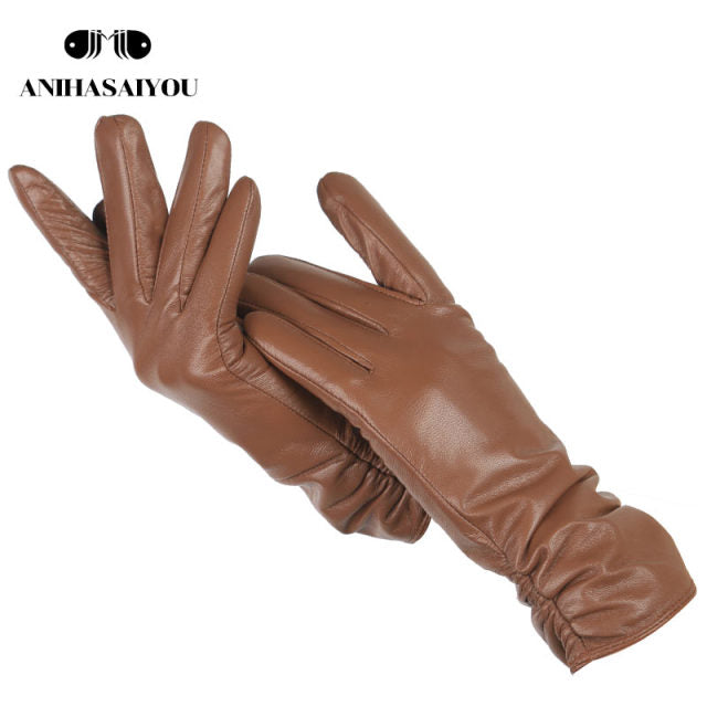 Guantes clásicos de cuero plisado, guantes de cuero real de color para mujer, guantes de invierno de cuero genuino de piel de oveja para mujer-2081