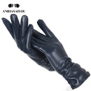 Guantes clásicos de cuero plisado, guantes de cuero real de color para mujer, guantes de invierno de cuero genuino de piel de oveja para mujer-2081