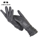Guantes clásicos de cuero plisado, guantes de cuero real de color para mujer, guantes de invierno de cuero genuino de piel de oveja para mujer-2081
