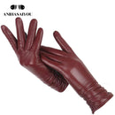 Guantes clásicos de cuero plisado, guantes de cuero real de color para mujer, guantes de invierno de cuero genuino de piel de oveja para mujer-2081