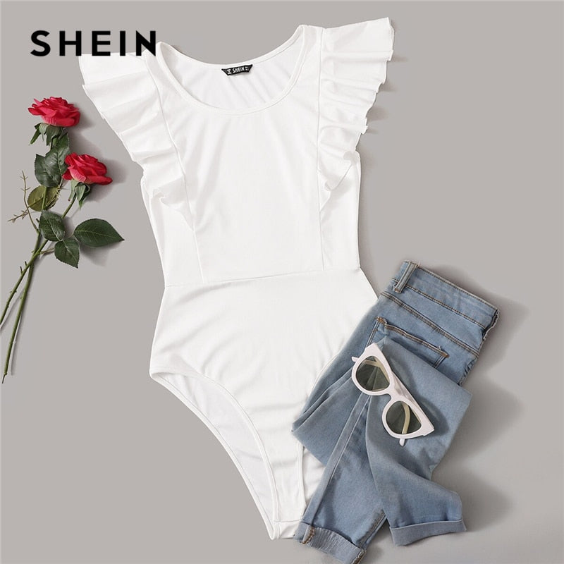 SHEIN Ruffle Armhole Solid Bodysuit White Solid Sommer Ärmellos Rundhals Damen Kleidung 2019 Sexy Skinny Bodysuit