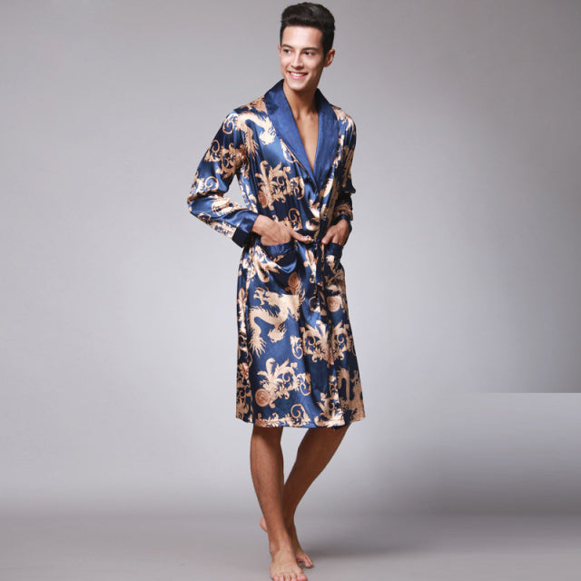 Herren Seide Sommer und Herbst Satin Kimono Bademantel Golden Dragon Knielang Langarm Schwarz Bademantel Morgenmantel Nachtwäsche