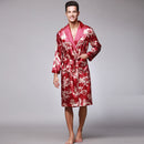 Men Silk Summer and Autumn Satin Kimono Bathrobe Golden Dragon Knee Length Long Sleeve Black Bath Robe Dressing Gown Sleepwear