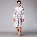 Men Silk Summer and Autumn Satin Kimono Bathrobe Golden Dragon Knee Length Long Sleeve Black Bath Robe Dressing Gown Sleepwear