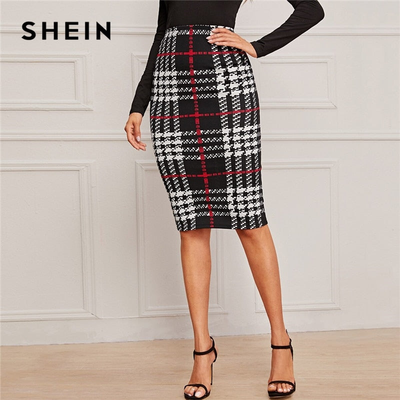 SHEIN, falda de tubo elegante con estampado a cuadros, pantalones de mujer, moda de otoño, cintura alta, ceñido al cuerpo básico, faldas Midi para damas de oficina