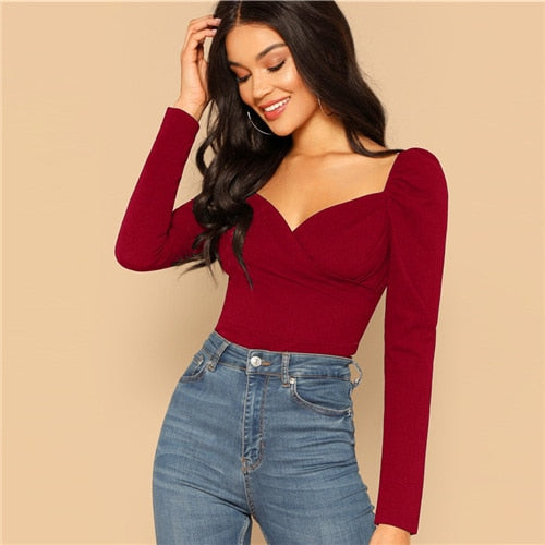 SHEIN Sexy Zip Back Puff Sleeve Slim Fitted Wrap Sweetheart Neck Blusa Mujeres Solid Top Spring Club High Street Blusas