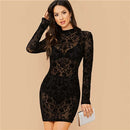 SHEIN Black Floral Print Stand Collar Sexy Bodycon Dress Without Bra Women Spring Long Sleeve Sheer Glamorous Mini Dresses