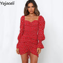 Yojoceli sexy floral print shirred dress women square neck long sleeve slim mini dress chiffon dress