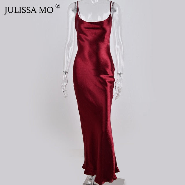 JULISSA MO Sexy Spaghettiträger Rückenfreies Sommerkleid Frauen Satin Lace Up Trompete Langes Kleid Elegant Bodycon Partykleider 2021