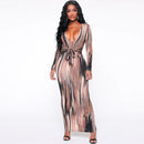 CNYISHE Stripe Tie Dye Printed Vestido de mujer Vestido de manga larga con cinturón Vestidos de vendaje Mujer Streetwear Vestido largo Vestido Robe