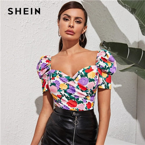 SHEIN Multicolor Sweetheart Neck Puff Sleeve Floral Top Slim Fit Wrap blusa verano elegante manga corta Tops y blusas para mujer