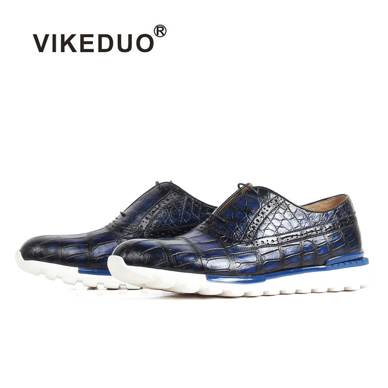 VIKEDUO 2020 Crocodile Leather Sneakers Patina Handmade Blue Mans Footwear Casual Sports Men's Shoes Rubber Sole Luxury Zapato