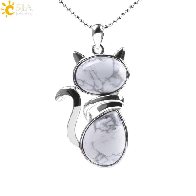 CSJA Reiki Naturstein Halsketten Rosa Quarz Anhänger für Frauen Mädchen Nette Katze Form Rock Schwarz Onyx Perlen Kette Schmuck F066