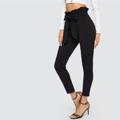 SHEIN elegante Paperbag cintura con cinturón detalle sólido pantalones de cintura alta mujeres Skinny volante Trim cintura elástica primavera verano Pantalones
