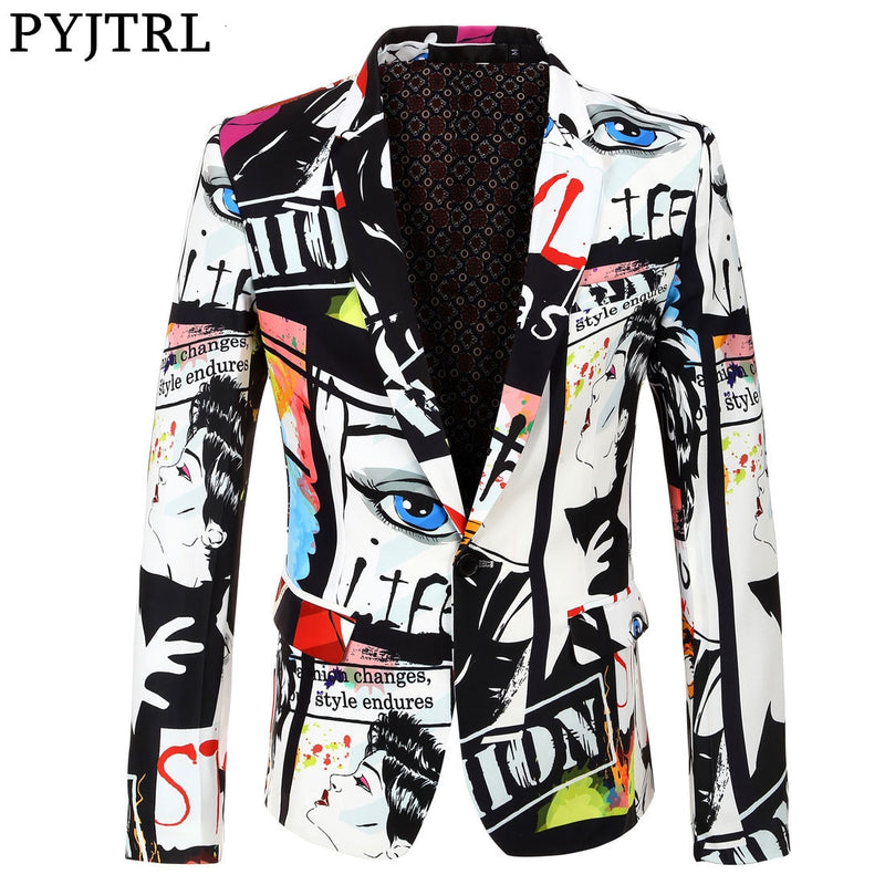 PYJTRL Brand New Tide Mens Fashion Print Blazer Design Plus Size Hip Hot Casual Male Slim Fit Suit Jacket Singer Costume