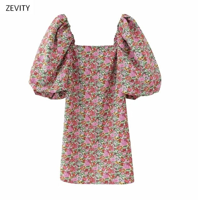 2020 frauen vintage floral vestidos druck puffärmel minikleid weibliche retro quadratische kragen beiläufige dünne streetwear kleider DS3957