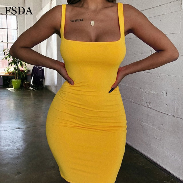 FSDA cuello cuadrado sin mangas Bodycon Mini vestido básico mujer verano negro espalda descubierta fiesta Sexy amarillo Clubwear 2020 vestidos
