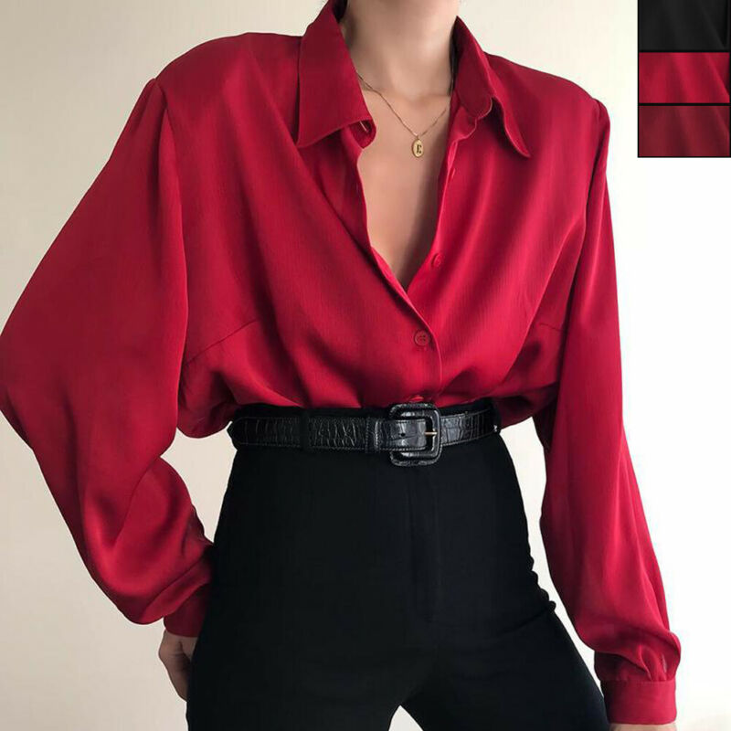 Blusas con botones para mujer, camisas con cuello vuelto, blusa informal de manga larga para mujer de oficina, camisa holgada OL, Tops holgados, rojo/vino rojo/negro