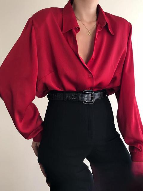 Blusas con botones para mujer, camisas con cuello vuelto, blusa informal de manga larga para mujer de oficina, camisa holgada OL, Tops holgados, rojo/vino rojo/negro