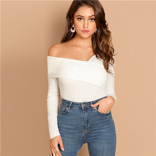 SHEIN White Asymmetrical Neck Solid Tee Rib-Knit Slim Fit Party Casual Pullover Long Sleeve Shirt 2018 Autumn Women Tshirt Top