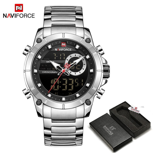 NAVIFORCE, reloj de pulsera deportivo militar para hombre, reloj de pulsera de acero de cuarzo dorado resistente al agua, reloj Masculino de doble pantalla, reloj Masculino 9163