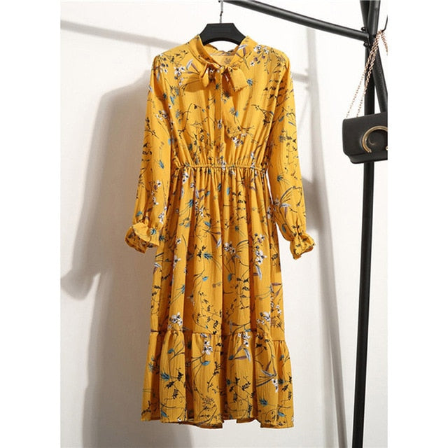 Vestido informal de otoño para mujer, Vestido camisero de gasa con estampado Floral Vintage de estilo coreano para mujer, Vestido Midi de verano con lazo de manga larga