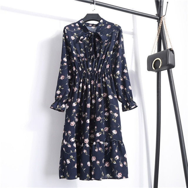 Frauen-beiläufiges Herbst-Kleid-Dame-koreanischer Art-Weinlese-Blumendruck-Chiffon-Hemd-Kleid-lange Hülsen-Bogen-Midi-Sommer-Kleid Vestido
