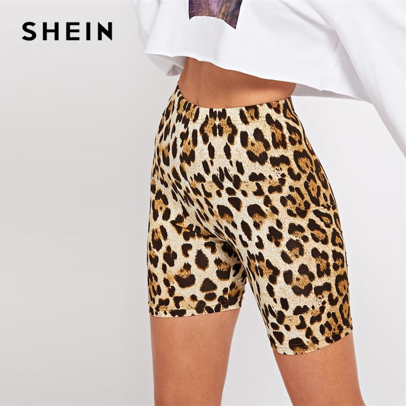 SHEIN Multicolor Casual Highstreet Leopardenmuster Skinny Short Legging Sommer Moderne Lady Athleisure Damen Crop Hose