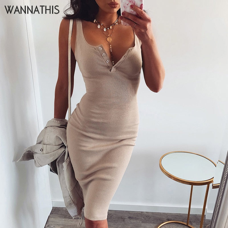 WannaThis knielanges Kleid gestrickt elastisch ärmellos figurbetont elegant Damen 2019 Sommer sexy V-Ausschnitt Button Party Slim Kleider