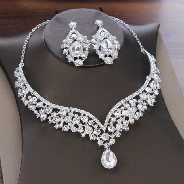 Conjuntos de joyería nupcial de gota de agua de cristal barroco, Tiaras de diamantes de imitación, collar de corona, pendientes para novia, boda, conjunto de joyería de Dubái