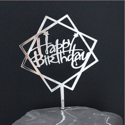 Happy Birthday Love Flag Cake Topper Acrylic Letter Gold Silver Cake Top Flag Decoration for Birthday Party Wedding Supplies