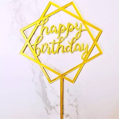 Happy Birthday Love Flag Cake Topper Acrylic Letter Gold Silver Cake Top Flag Decoration for Birthday Party Wedding Supplies