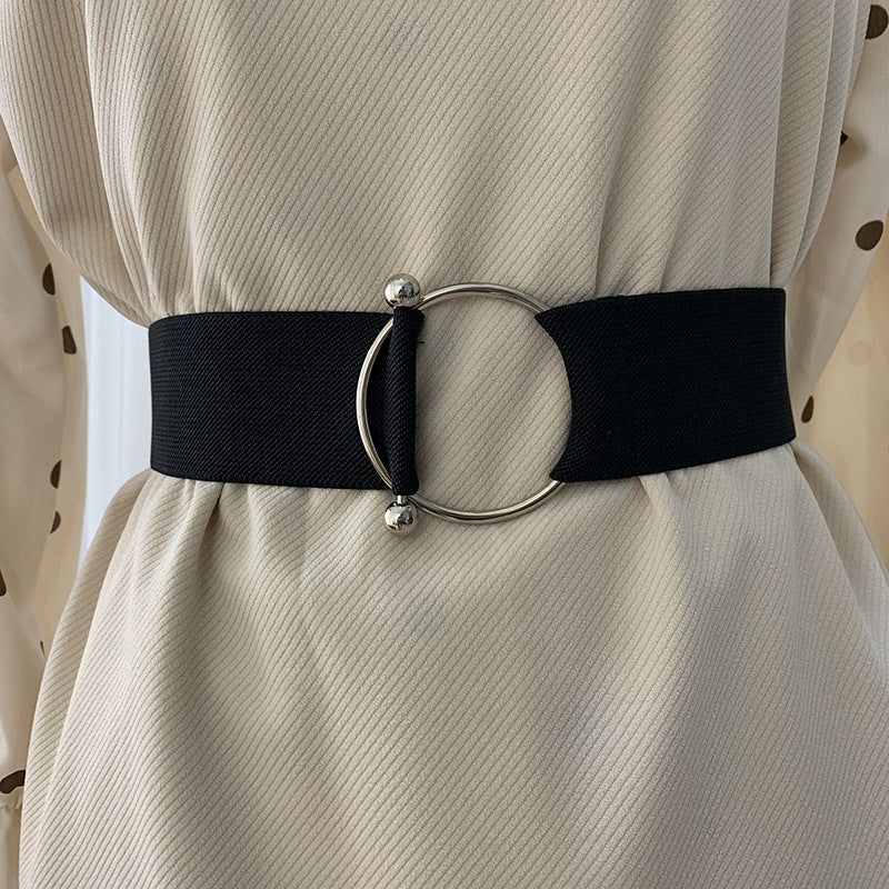Cinturones para mujer Negro Cintura simple Elástico Señoras Banda Hebilla redonda Decoración Abrigo Suéter Vestido de moda Arroz Blanco