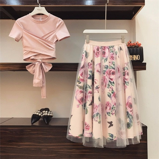 HOHE QUALITÄT Frauen Unregelmäßiges T-Shirt + Mesh Röcke Anzüge Bowknot Solide Tops Vintage Blumenrock Sets Elegante Frau Zweiteiler