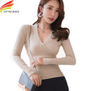 2020 neue reizvolle tiefe V-Ausschnitt Pullover Frauen Pullover beiläufige dünne Grundierung Pullover weibliche elastische Baumwolle Langarm Tops Femme