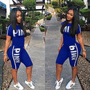 Fanco  Casual Pink Letter Print Women Two Piece Set New Summer Rompers Sexy Striped T-Shirts And Skinny Pants 2pcs Outfits