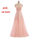 FADISTEE Vestido De Festa Süße rosa Spitze mit V-Ausschnitt, langes Abendkleid, Brautparty, sexy, rückenfreie Perlen, Perlen, Abschlussballkleider zum Schnüren