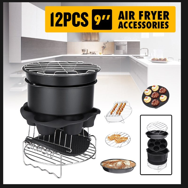 12 Stück Air Fryer Zubehör 9 Zoll passend für Airfryer 5.2-6.8QT Backkorb Pizzateller Grilltopf Küche Kochwerkzeug für Party