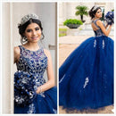 Lujosos cristales con cuentas de encaje azul vestidos de quinceañera tripulación sin espalda tul vestido de fiesta vestidos de fiesta de graduación dulce 16 vestido