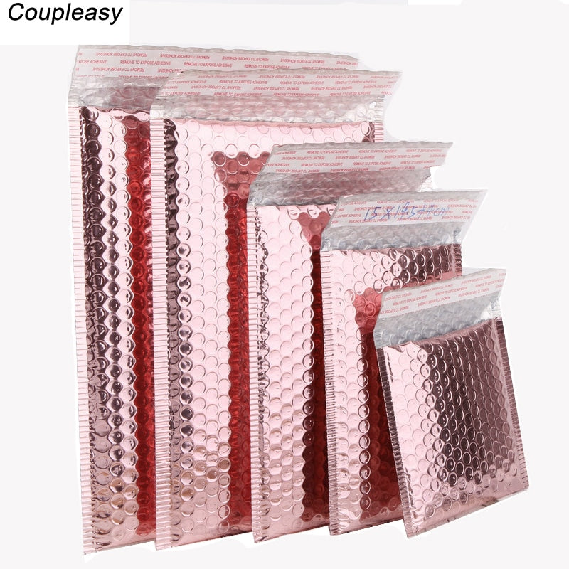 50 unids/lote bolsas de sobres de burbujas de plástico de oro rosa, sobres de envío acolchados, bolsas de burbujas impermeables