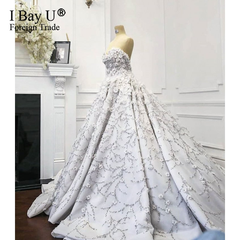 Luxus-Hochzeitskleid 2021 voller schwerer Perlenstickerei 3D-Blumen-Glanz-Brautkleid