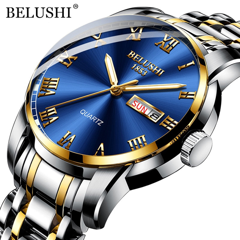 BELUSHI marca superior de lujo para hombre relojes luminosos a prueba de agua reloj de acero inoxidable cuarzo hombres fecha calendario reloj de pulsera de negocios