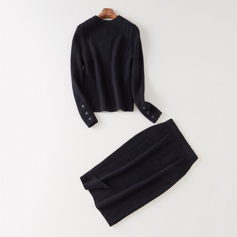 100%cashmere jacquard knit women suits low Oneck pollover skirt 2pcs/set S/M/L solid color