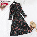 BGTEEVER Spring Stand Collar Floral Print Women Dress Lace Up Female Pleated Dress Summer Party Midi Chiffon Vestidos femme 2021