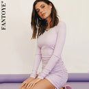FANTOYE, vestido de algodón de manga larga, novedad de otoño 2020, minivestido ajustado con cordón fruncido y doblado para mujer, ropa de calle informal, vestidos con cuello redondo