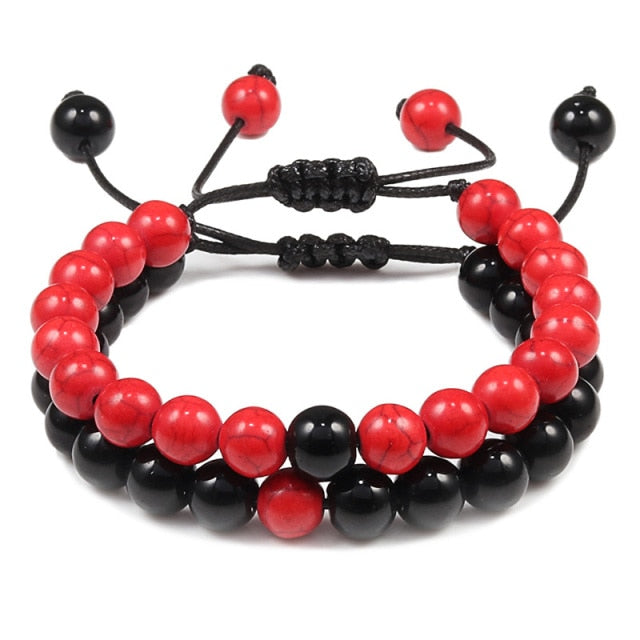 2pcs/set Bead Bracelet Natural Tiger Stone Charm Onyx Beaded Couple Distance Bracelets for Women Men Friend Gift Stretch Jewelry