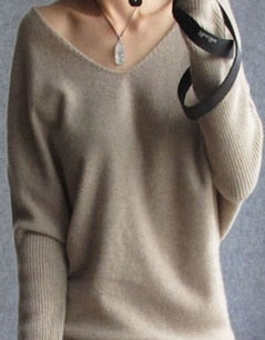 Suéteres de Cachemira para primavera y otoño, jersey con cuello en V sexy a la moda para mujer, tops de punto de talla grande con manga de murciélago de lana holgada de 100%