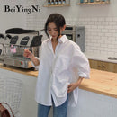 Beiyingni 2020 Frühling Herbst Frauen Shirts Weiß Plain Lose Übergroße Blusen Weibliche Tops Lose BF Koreanischen Stil Blusas Taschen